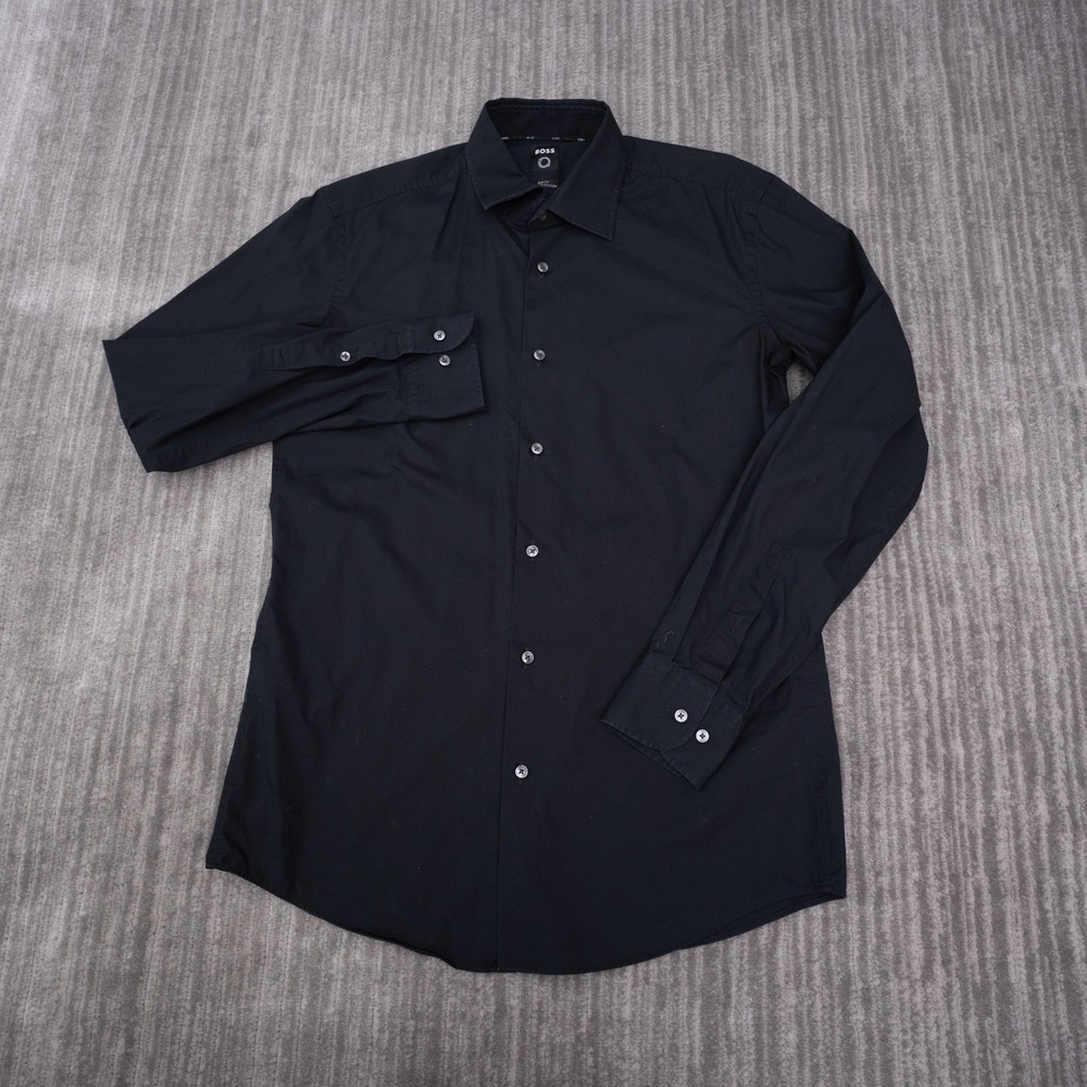 BOSS Button Up Shirt Mens 15.5 M Black Excellent Slim Fit Organic Cotton